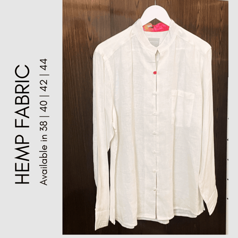 Moon N Lotus White Hemp Shirt | Asian Collar