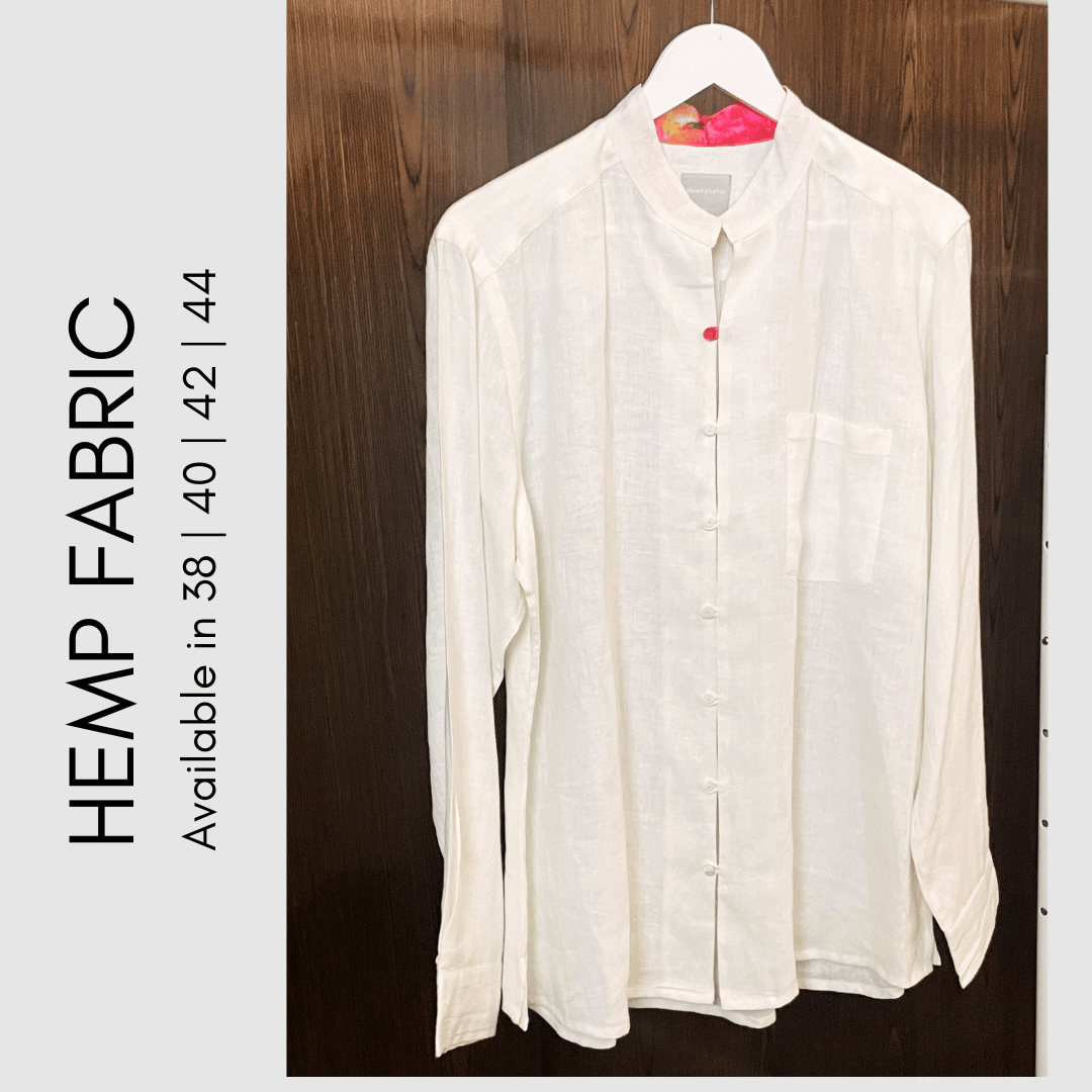 Moon N Lotus White Hemp Shirt | Asian Collar