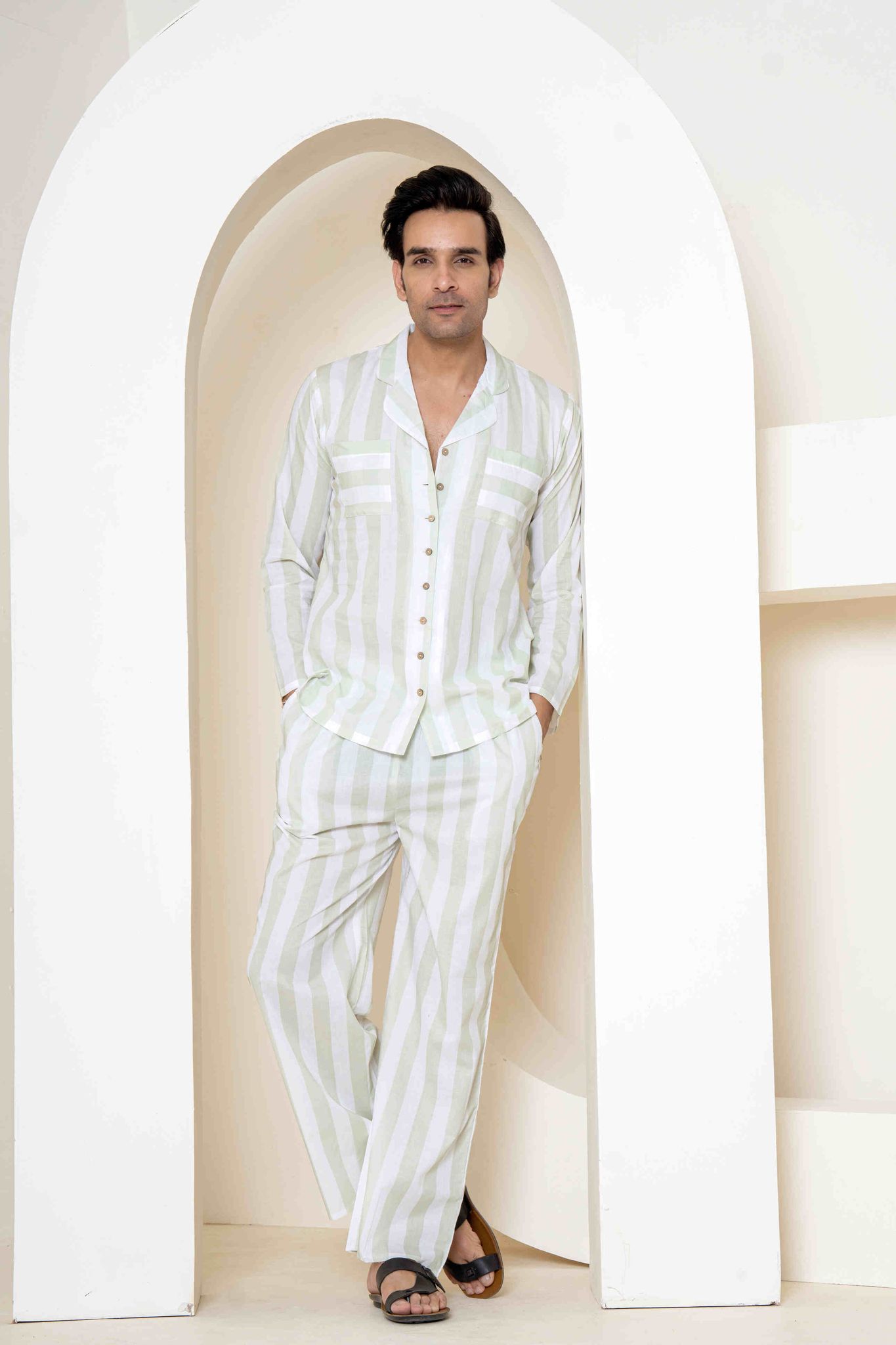 Paizlie Sage Stripes Loungewear | 100% Cambric Cotton  | Men
