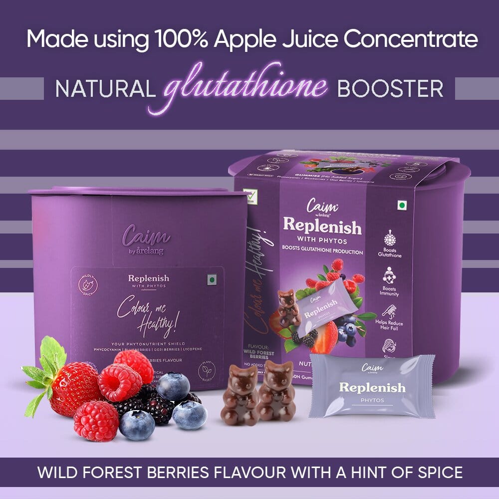Caim by Arelang | Replenish with Phytos | Natural Glutathione Booster for Skin Health, Slow Ageing, Reduces Hair fall | Vegan Gummies |100% Apple Juice | Plant base Sugarfree 5Kcals | 60Pcs -180g