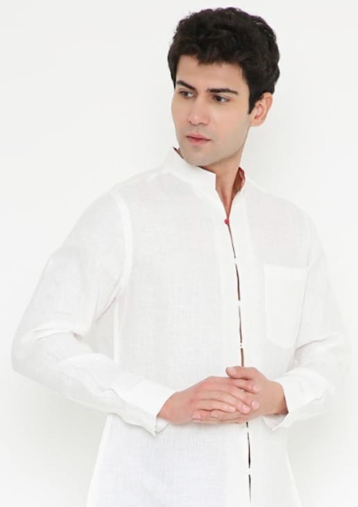 Moon N Lotus White Hemp Shirt | Asian Collar