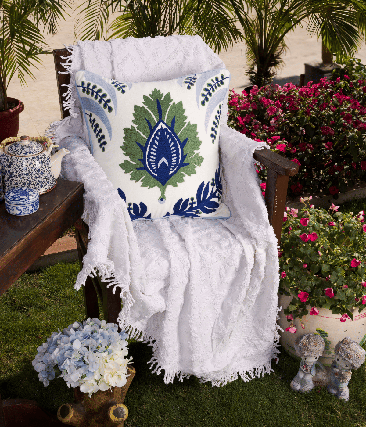 Beyond Basic Home Hamptons Style Multi Embroidered Green & Blue Chinar Leaf Cushion Cover