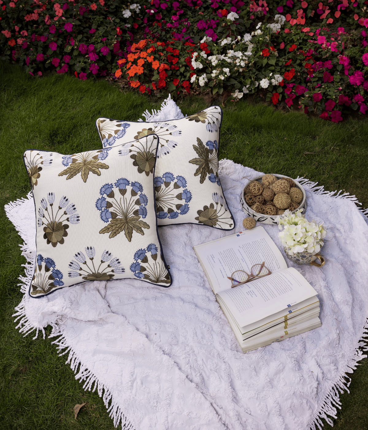 Beyond Basic Home Hamptons Style Multi Embroidered Green & Blue Forest Bush Cushion Cover