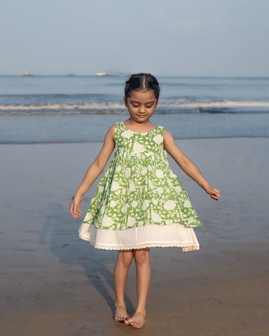 Love The World Today ‘Piroutte’ Green Floral Hand Block Print Layered Girls Dress