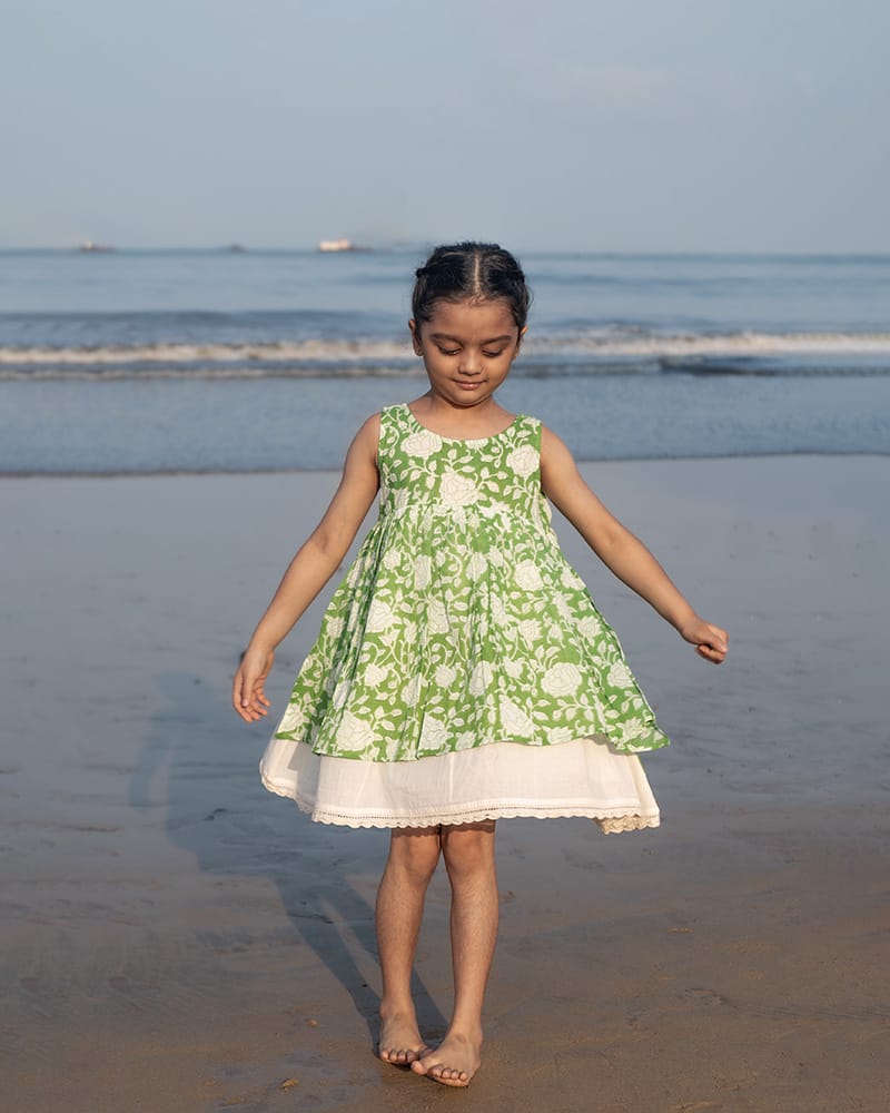 Love The World Today ‘Piroutte’ Green Floral Hand Block Print Layered Girls Dress