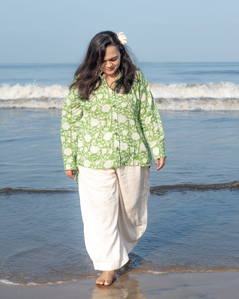 Love The World Today 'Jump’ Women’s High Low Green Floral Hand Block Print Shirt