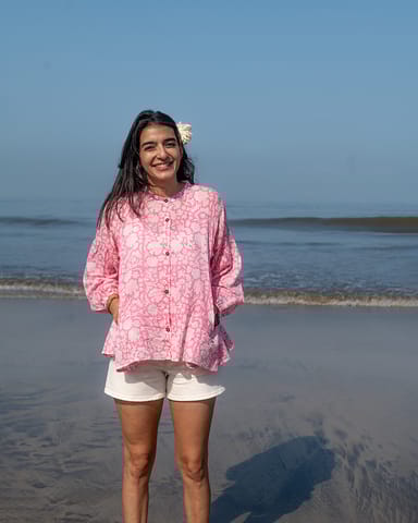 Love The World Today ‘Sway’ Women’s Pink Floral Hand Block Print Malmal Kedia Top