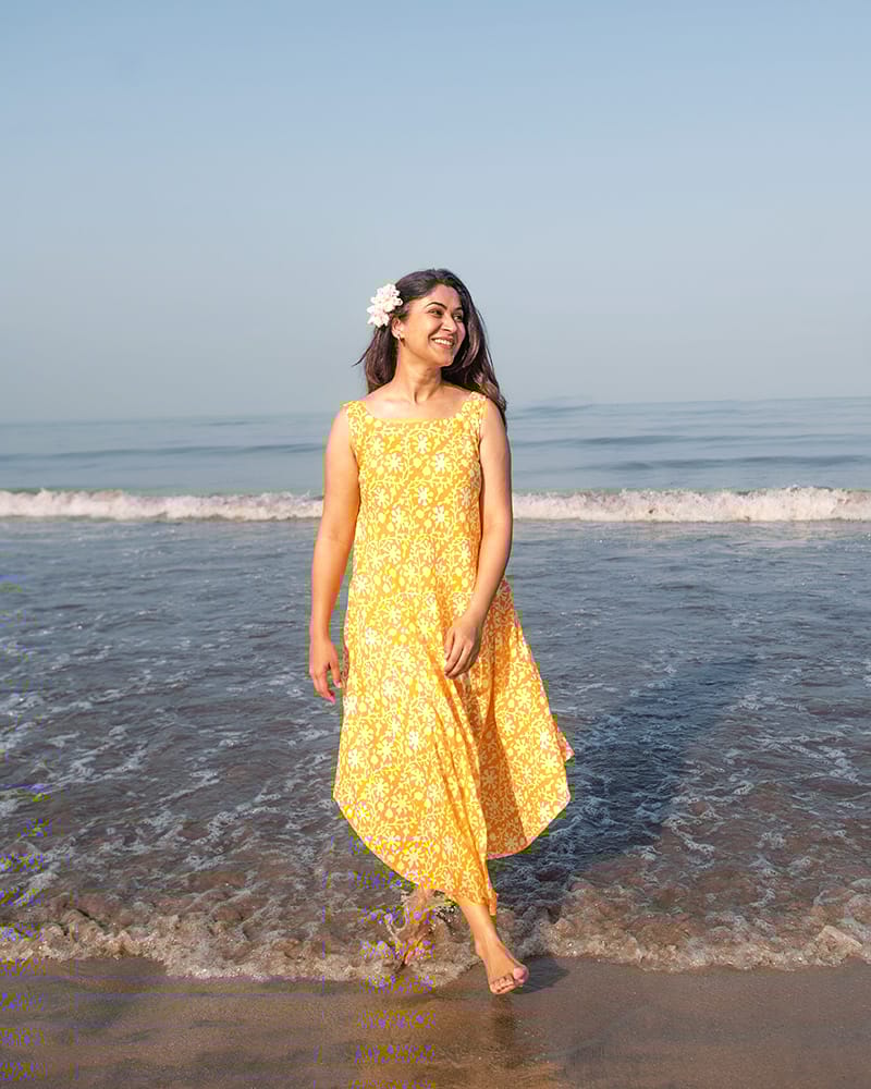 Love The World Today 'Footloose’ Women’s Yellow Floral Hand Block Print Dress