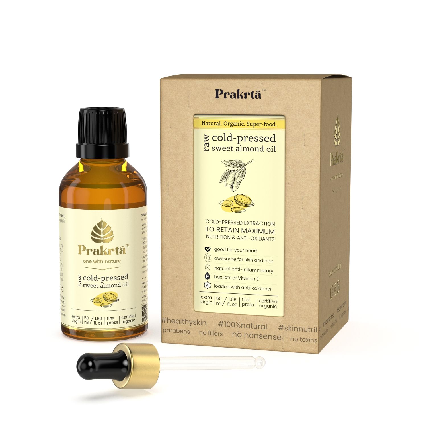 प्रकृति रॉ कोल्ड प्रेस्ड स्वीट बादाम तेल | 100% खाद्य, प्राकृतिक और प्रमाणित ऑर्गेनिक | 50 मिली