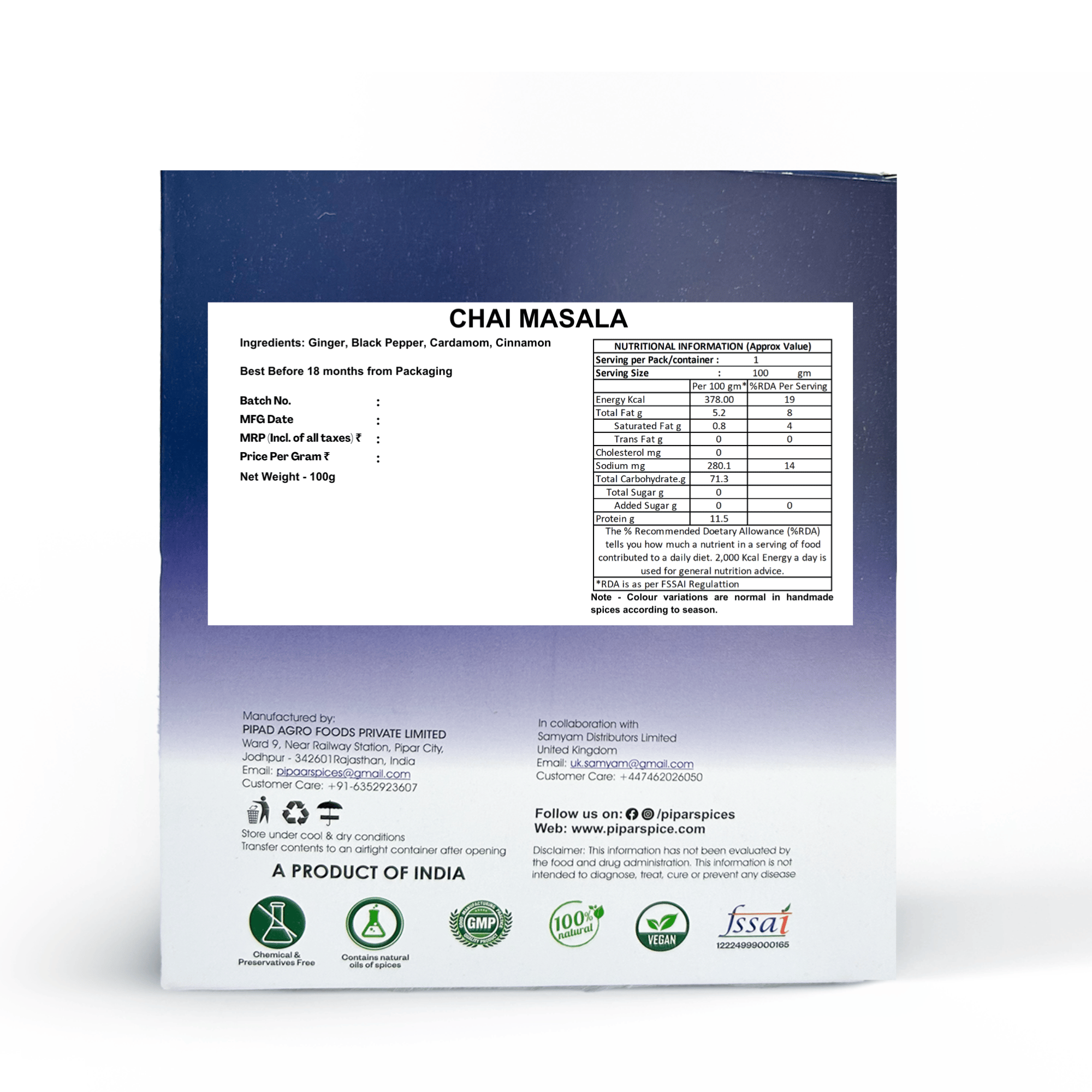 Pipar Spices Chai Masala 100g Pack