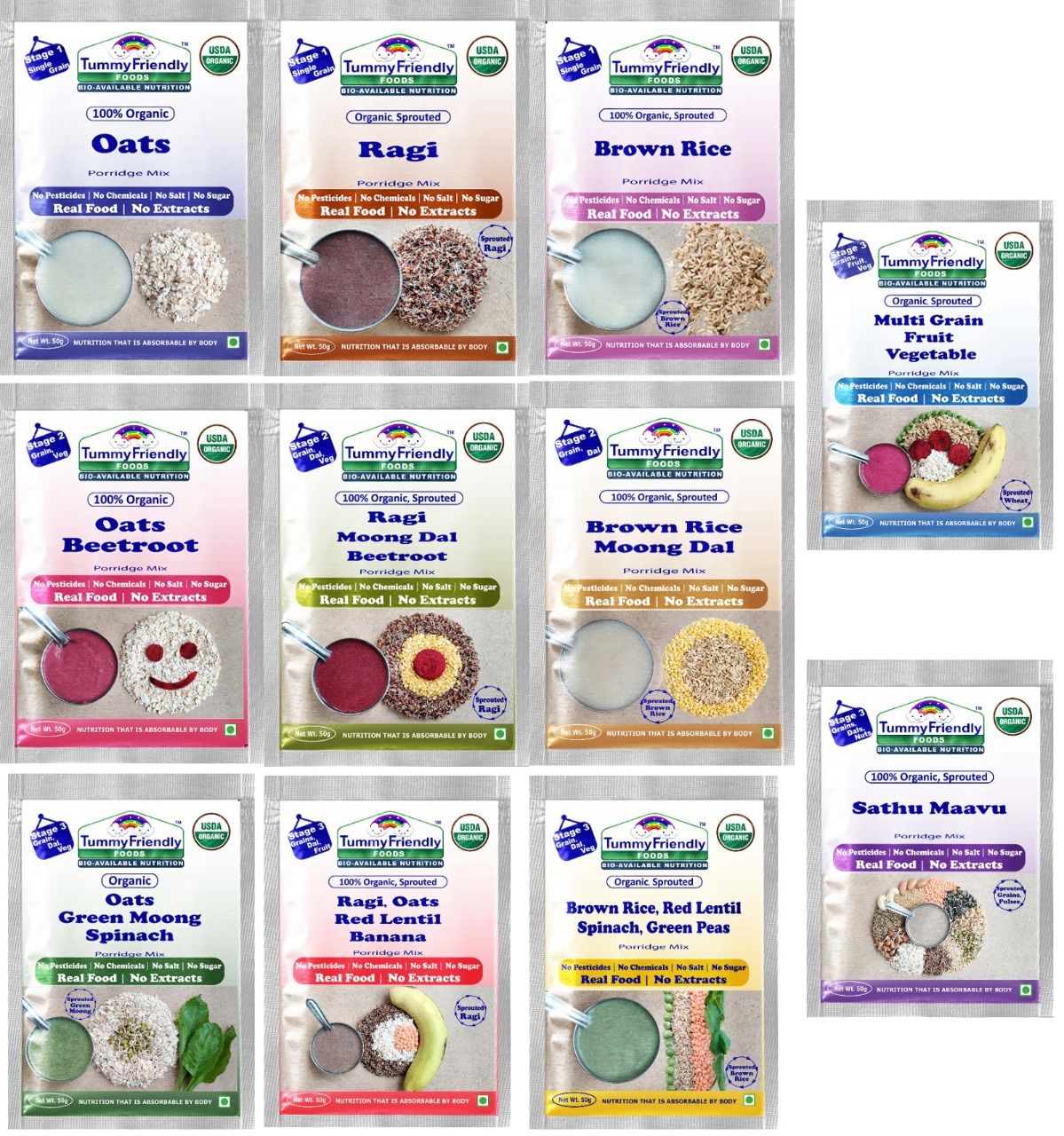 TummyFriendly Foods Certified Stage1, Stage2, Stage3 Porridge Mixes | (550 g, Pack of 11)