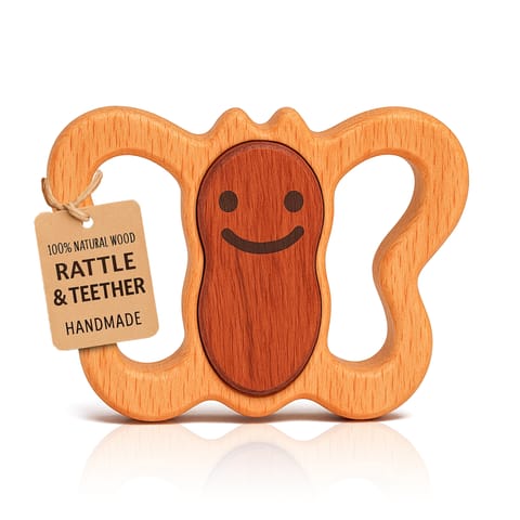 HippoToys Handmade Butterfly Wooden Rattle & Teether Set | 100% Natural Wood