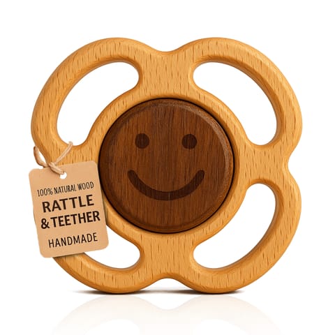 HippoToys Handmade Flower Wooden Rattle & Teether Set | 100% Natural Wood