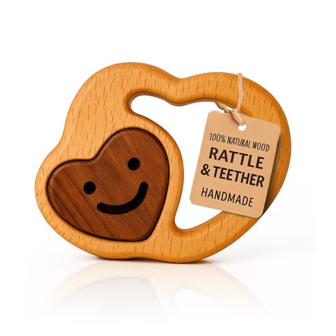 HippoToys Handmade Heart Wooden Rattle & Teether Set | 100% Natural Wood