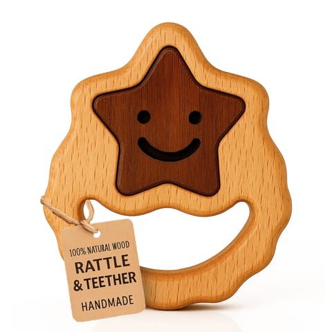 HippoToys Handmade Star Wooden Rattle & Teether Set | 100% Natural Wood