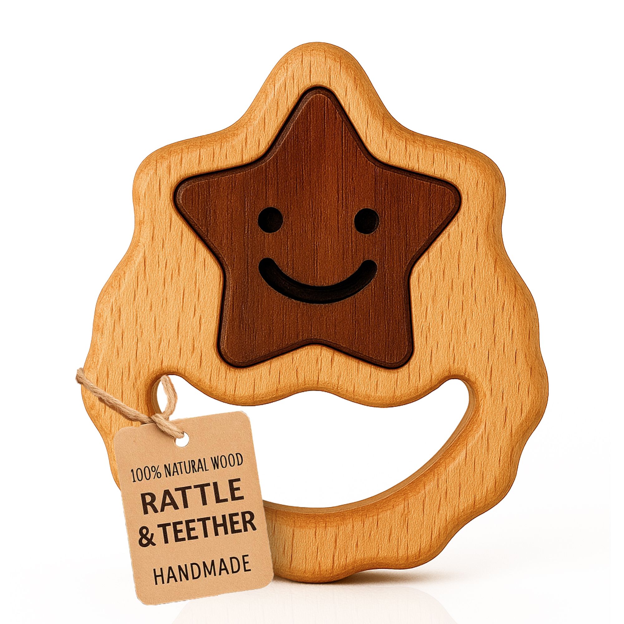 HippoToys Handmade Star Wooden Rattle & Teether Set | 100% Natural Wood