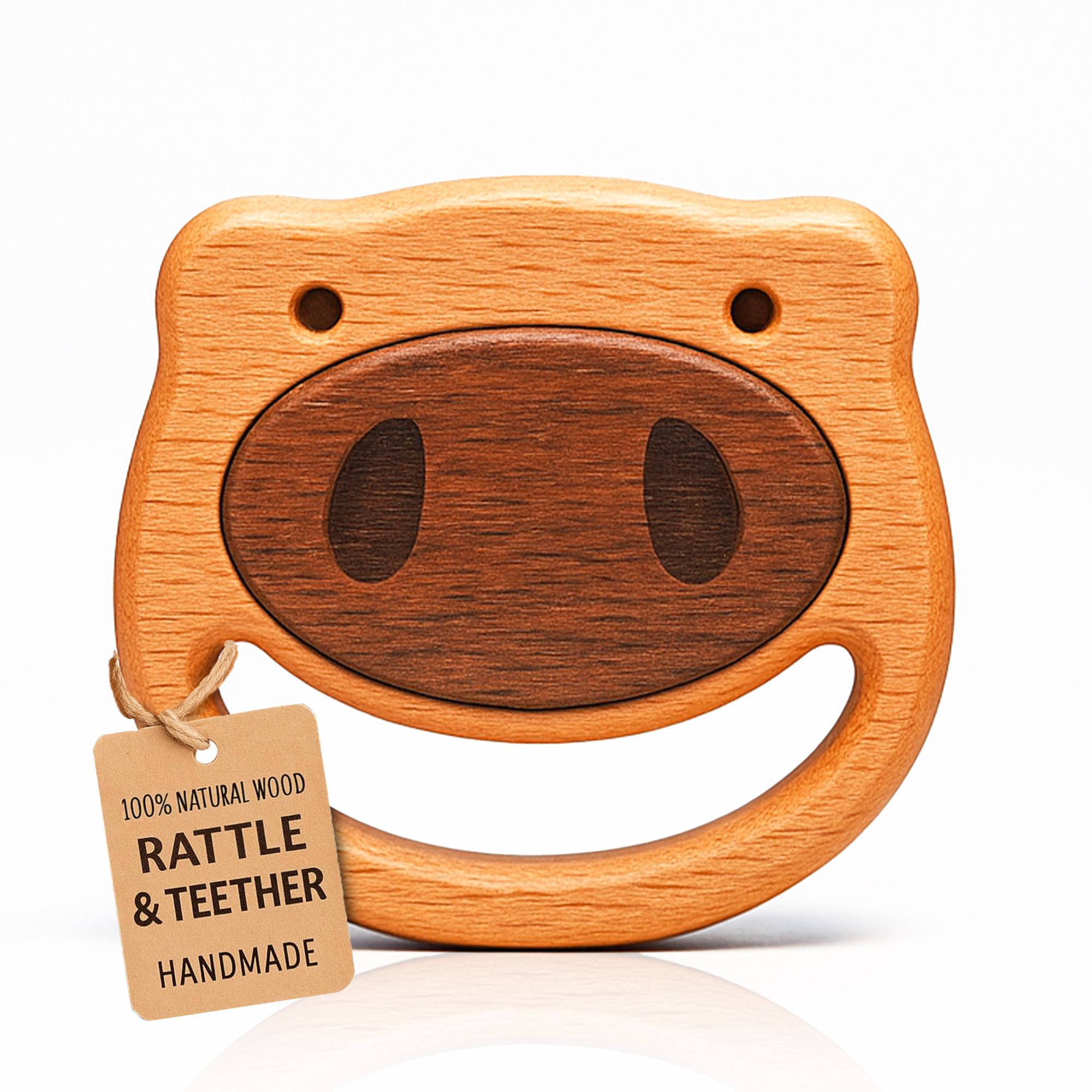 HippoToys Handmade Piggy Wooden Rattle & Teether Set | 100% Natural Wood