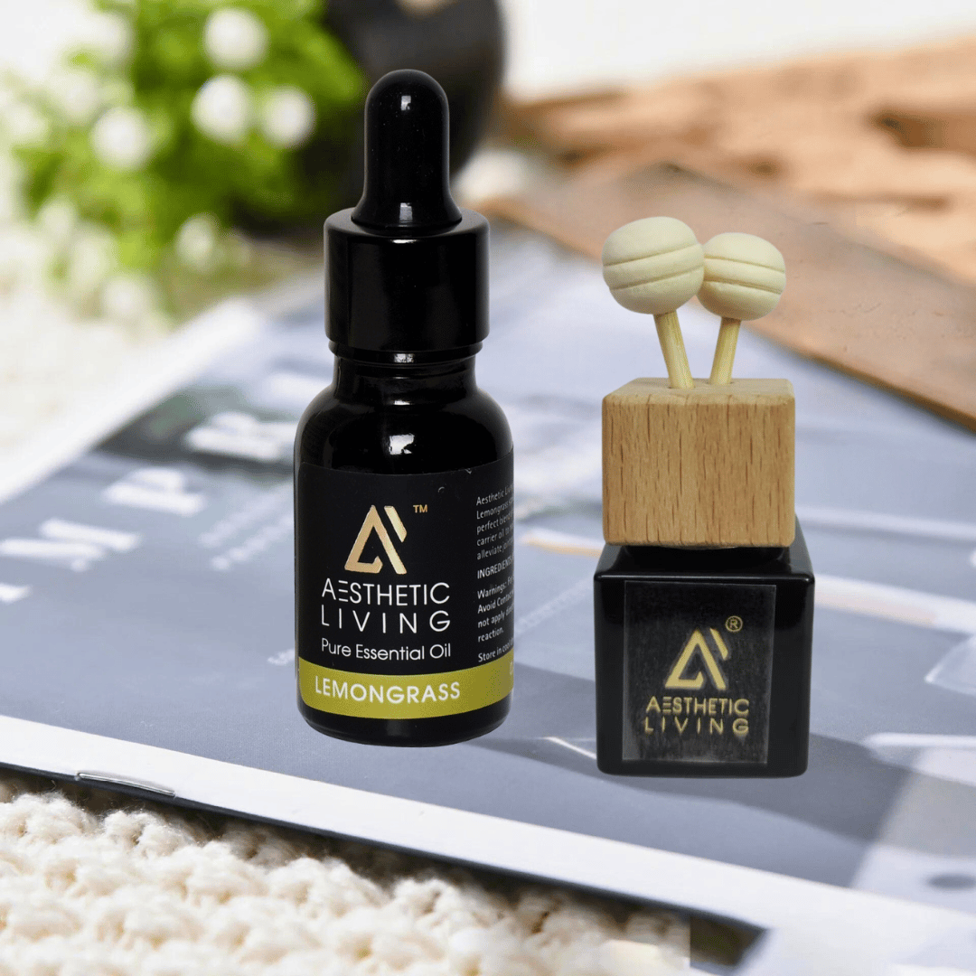 Aesthetic Living Reed Pods Car Aromatizer Diffuser Bottle ( Black Reed Vent Clip  Combo-8ml+ Essential Oil- 15 ml)