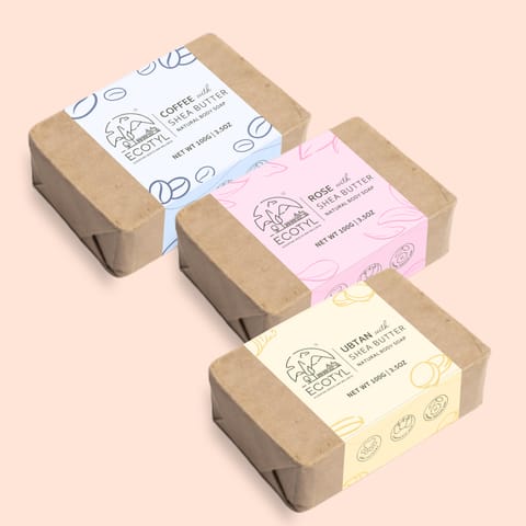 Ecotyl Shea Butter Soaps | Ubtan, Rose & Coffee | 100% Natural | Set of 3