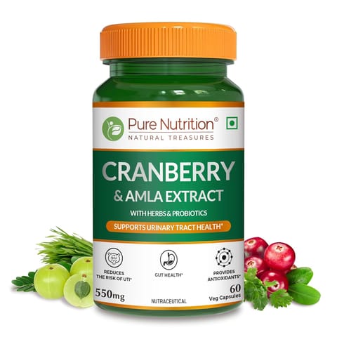 Pure Nutrition Cranberry & Amla Extract with 3 Billion CFU Probiotics |UTI Health Supplement for Men & Women |