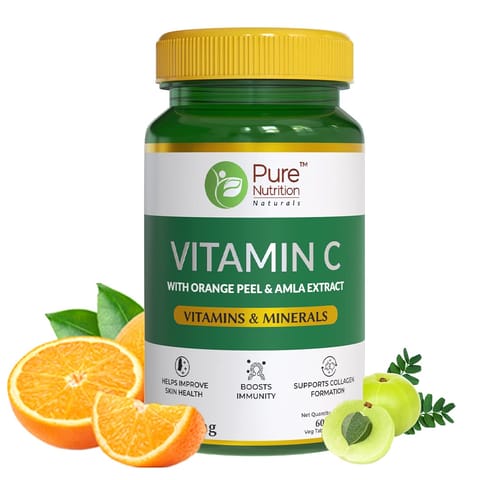 Pure Nutrition Plant-Based Vitamin C 1250mg|Amla & Orange Peel Extract | Boosts Immunity & Skin Glow |