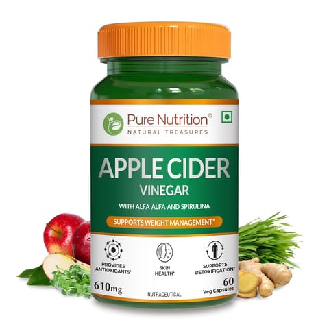 Pure Nutrition Apple Cider Vinegar with Wheat Grass & Spirulina for Enhanced Wellness | Rich in Antioxidants |