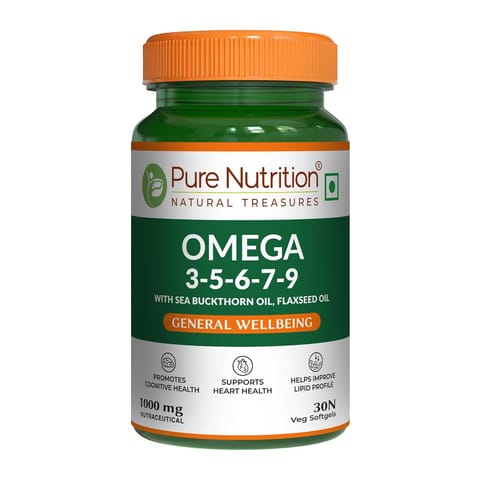 Pure Nutrition Vegan Omega 3-5-6-7-9 |Blend of Seabuckthorn, Flaxseed, Pomegranate, Borage & Olive Oils