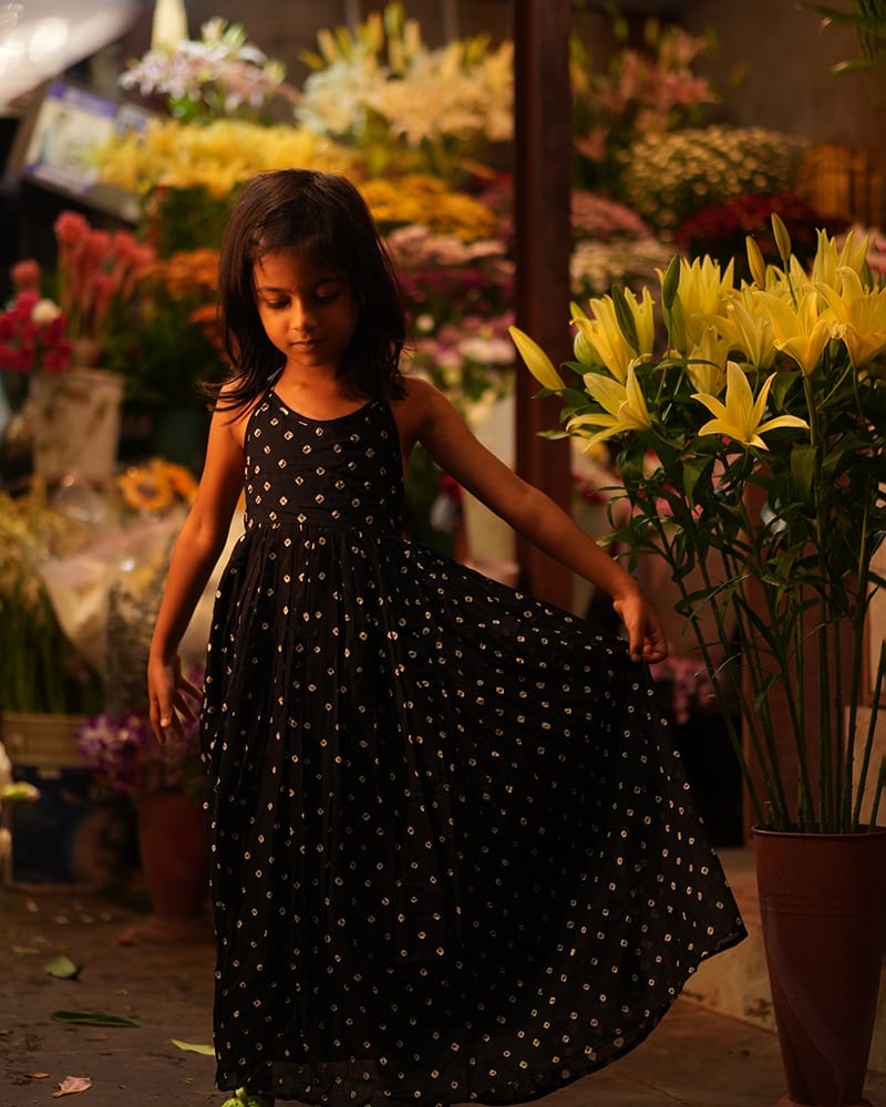 LTWT Tara Cotton Black Bandhani Halter Maxi Dress