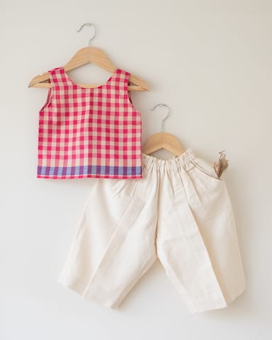 LTWT Candy Cloud Cotton Pink Checkered Silk Top & Beige Baggy Pant Coord Set