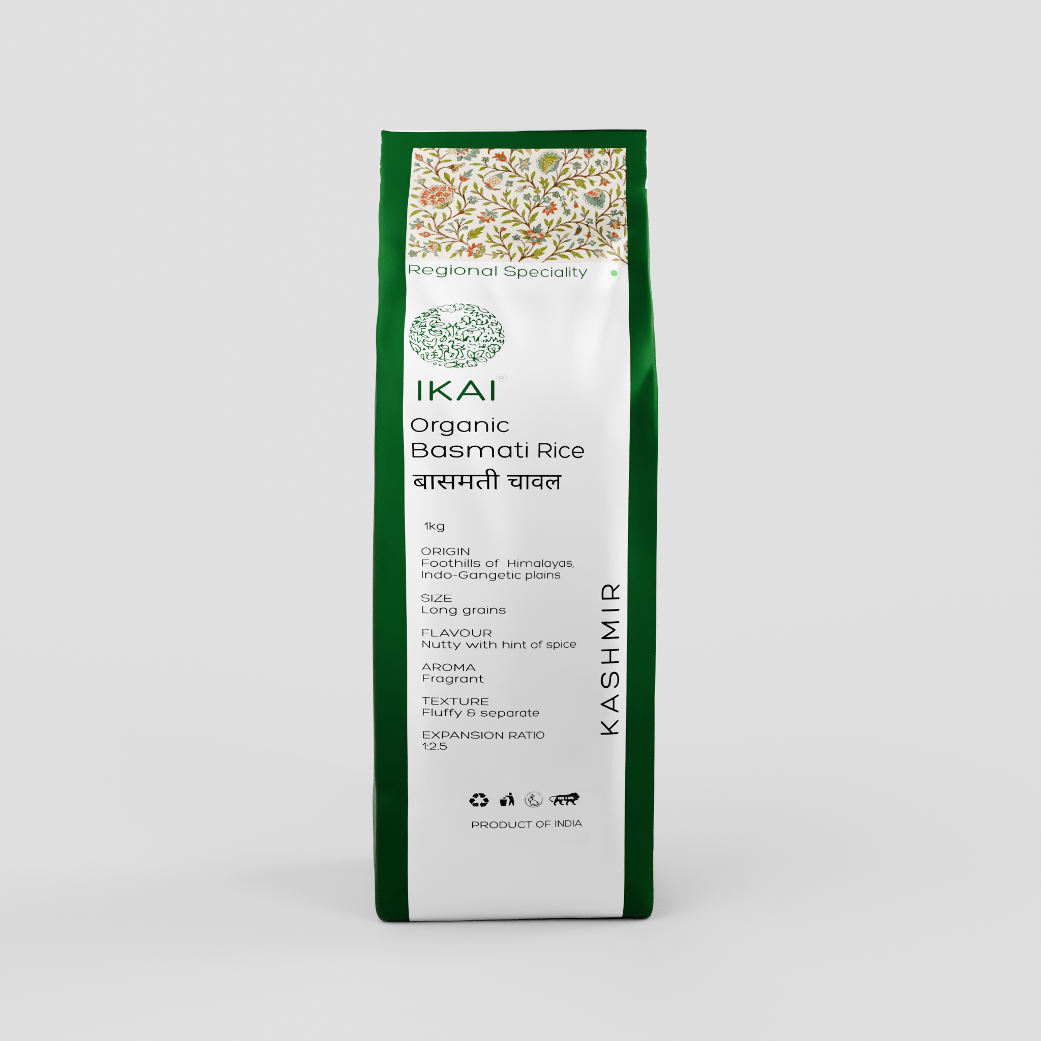 इकाई ऑर्गेनिक - ऑर्गेनिक बासमती चावल | लंबे दाने वाला | सुगंधित | क्षेत्रीय विशेषता - कश्मीर | 1000 ग्राम