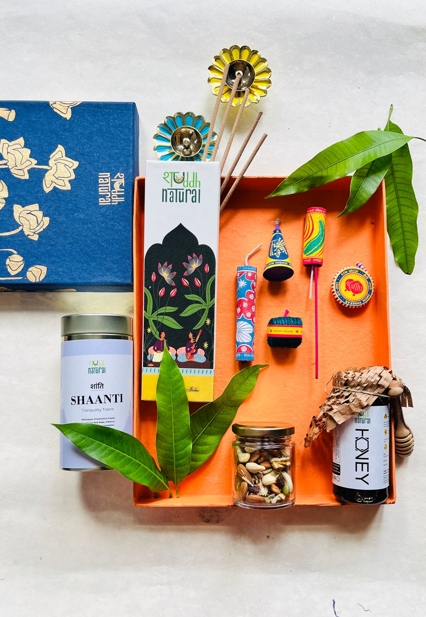 Shuddh Natural Diwali Gift Box | Plantable Patakha, Tea, Honey, Dry Fruits & Incense | Set of 6