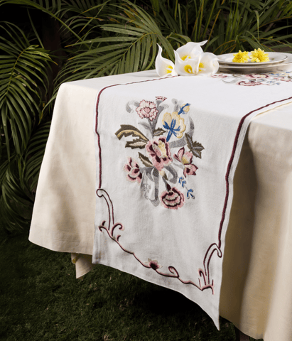 Beyond Basic Home Country Style Multi Embroidered Peach Carnation Runner