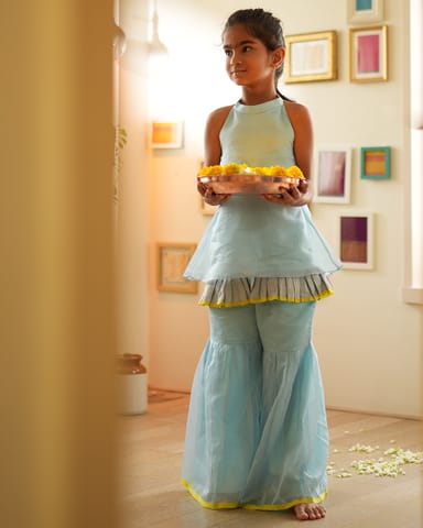 LTWT POPPY Sharara Kurta Set in Light Blue & Yellow