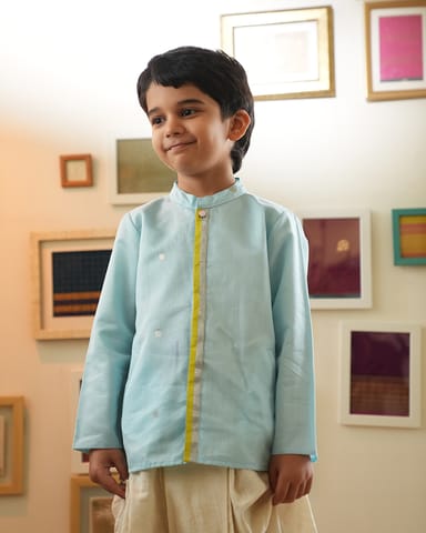 LTWT POPPY Chinese Collar Shirt Kurta in Light Blue & Yellow