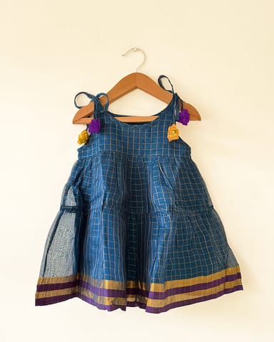 LTWT Aparajita Blue Gold Checks Infant Tiered Festive Dress in Handwoven Cotton Silk