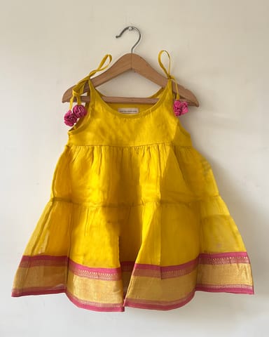 LTWT Basant Yellow Infant Tiered Festive Dress in Handwoven Cotton Silk