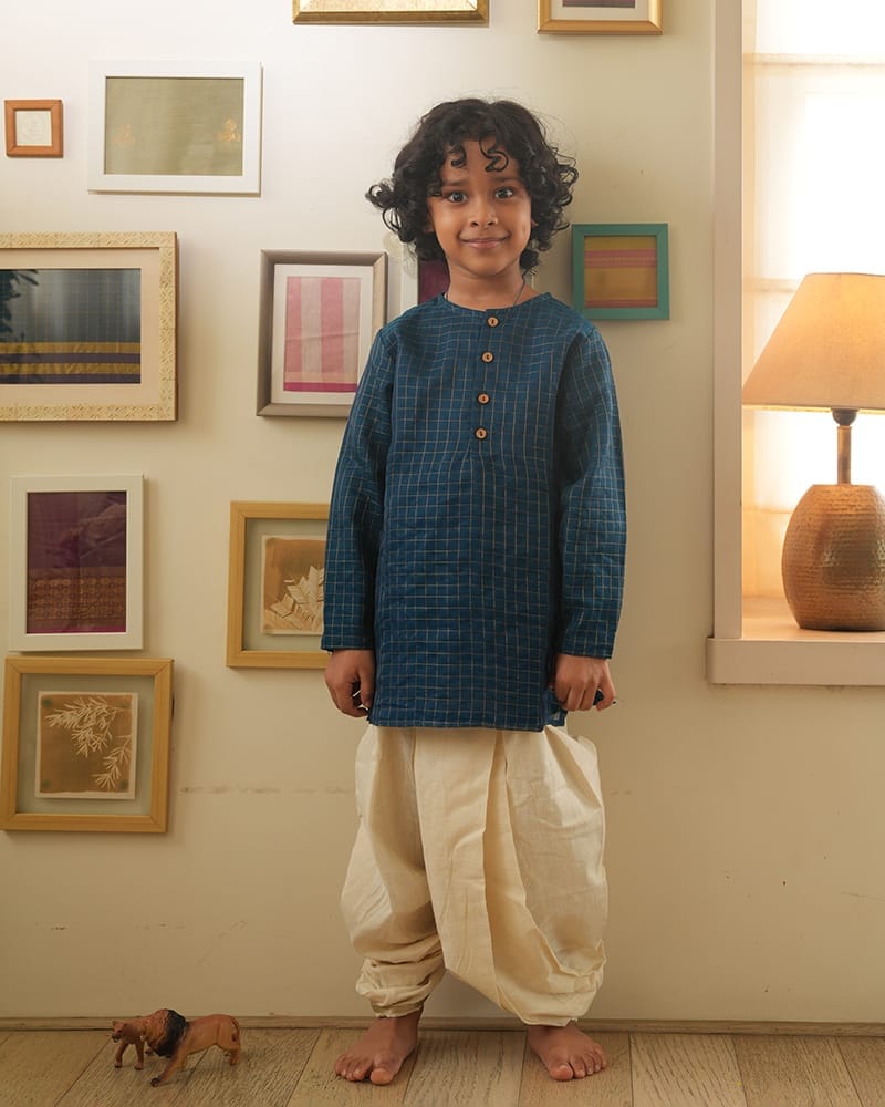 LTWT APARAJITA Festive Kurta in Blue Gold Checks